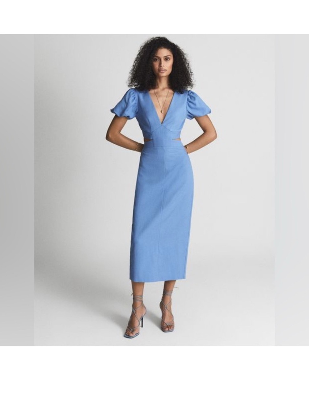 REISS JENNAH PUFF SLEEVE CUT OUT BACK MIDI DRESS Size 12